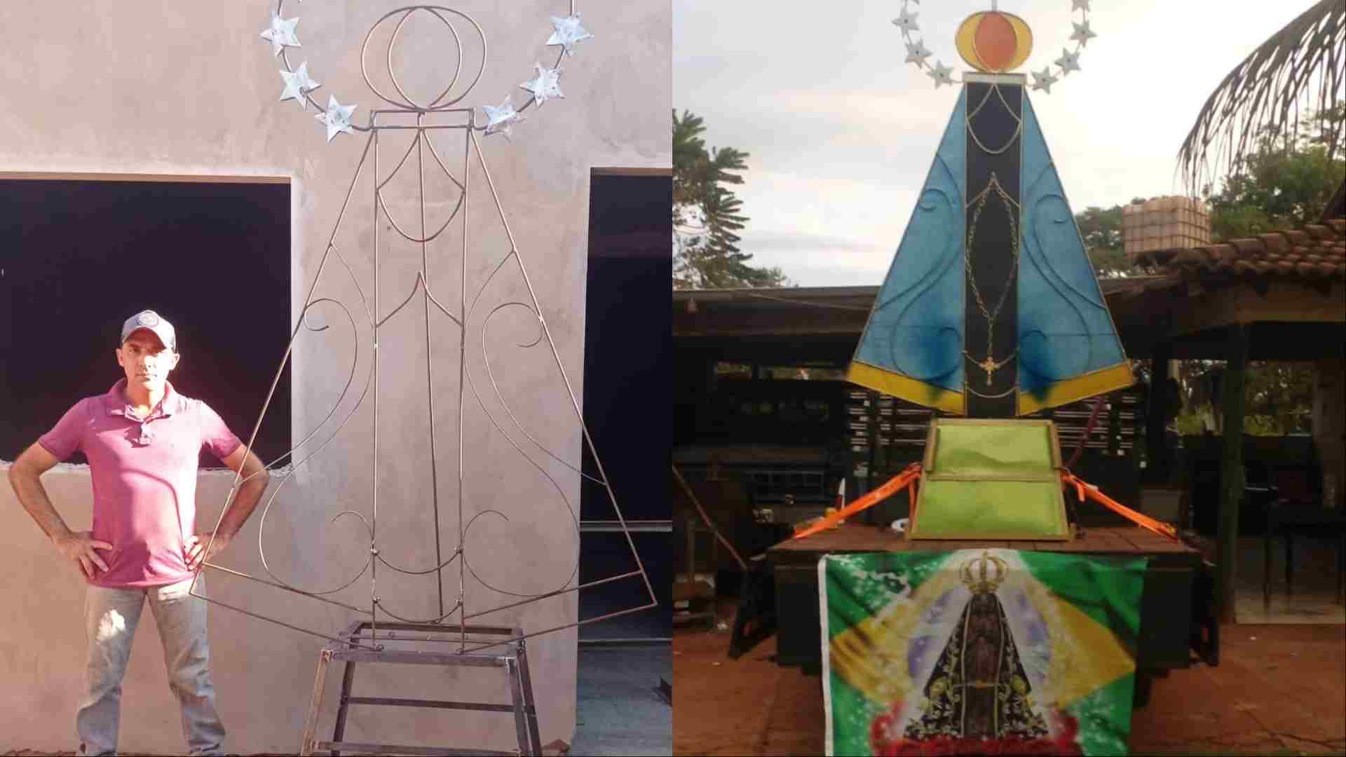 ex-mecanico,-flavio-realiza-sonho-de-construir-padroeira-de-tres-metros-para-arena-de-rodeios